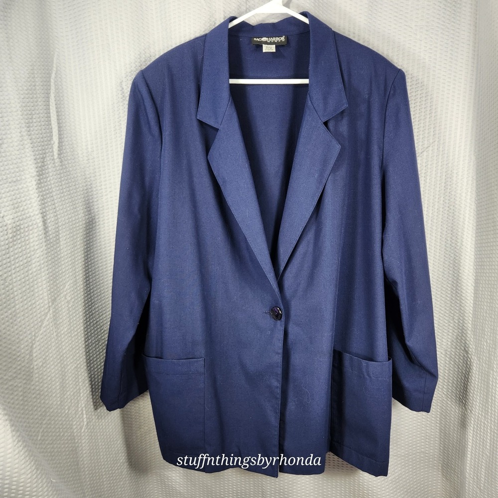 Vintage SAG HARBOR‎ Poly/Rayon Linen Plus Sz 20 Navy Women Dress Jacket 1 Button